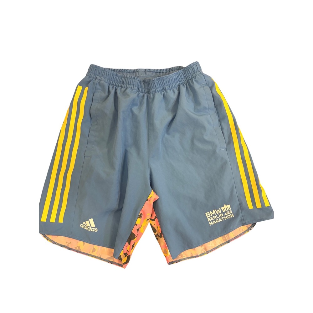 Adidas Running BMW Berlin Marathon Shorts Mens‎ Blue Yellow HT0491 Size S 7 inch